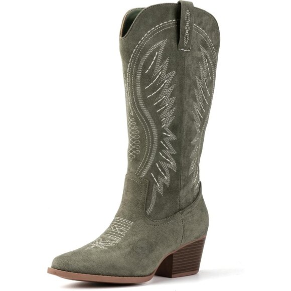 Shoes - Women's Suede Embroidered Side Zipper High Heeled Boots With Sloping Heel Green